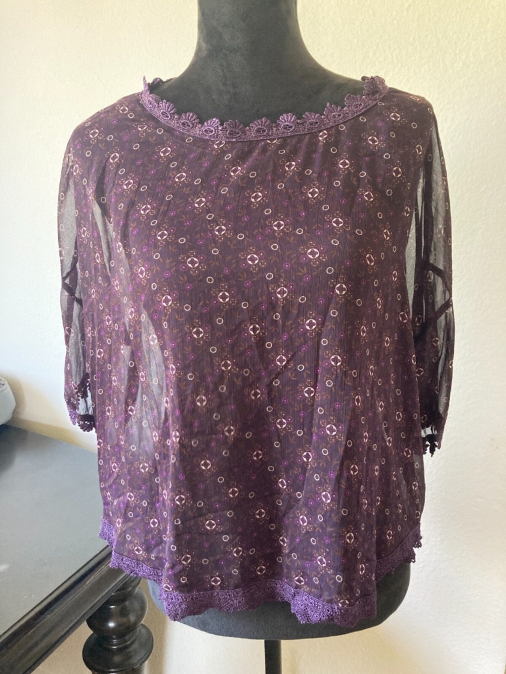 Free People Sheer Purple Bohemian Floral Print Women's Top with Lace Trim